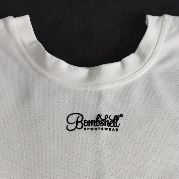 Bombshell Mesh Tee White with Black Logo & Side Tie - Picture 6 of 11